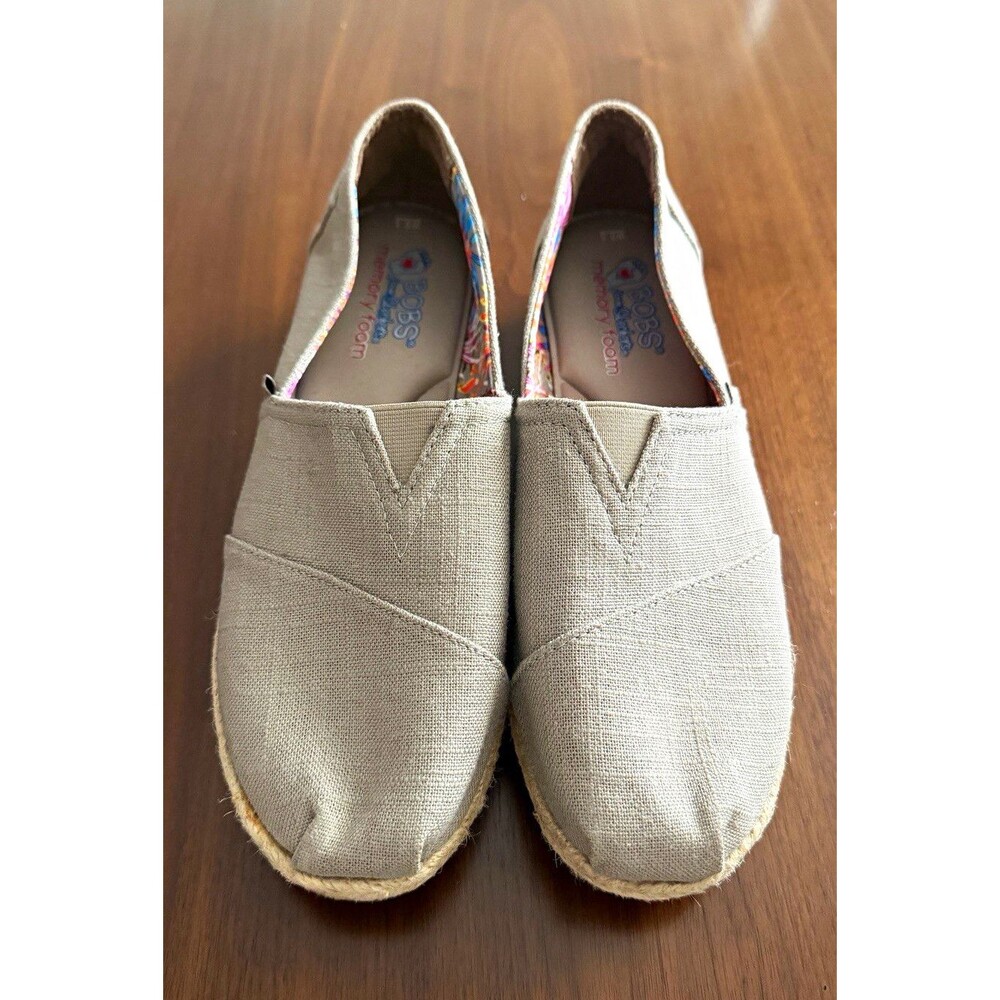 BOBS Skechers Womens 9.5Espadrille Slip-On Taupe Linen Comfort Shoes Memory Foam